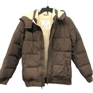 Abercrombie Kids Brown Puffer Jacket With Faux Shearling Lining & Hood Size 13/1